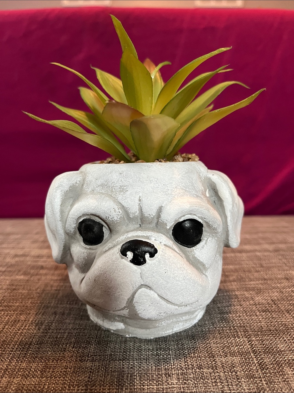 White Bulldog Face Ceramic Planter with Green Faux Succulent - Unbranded